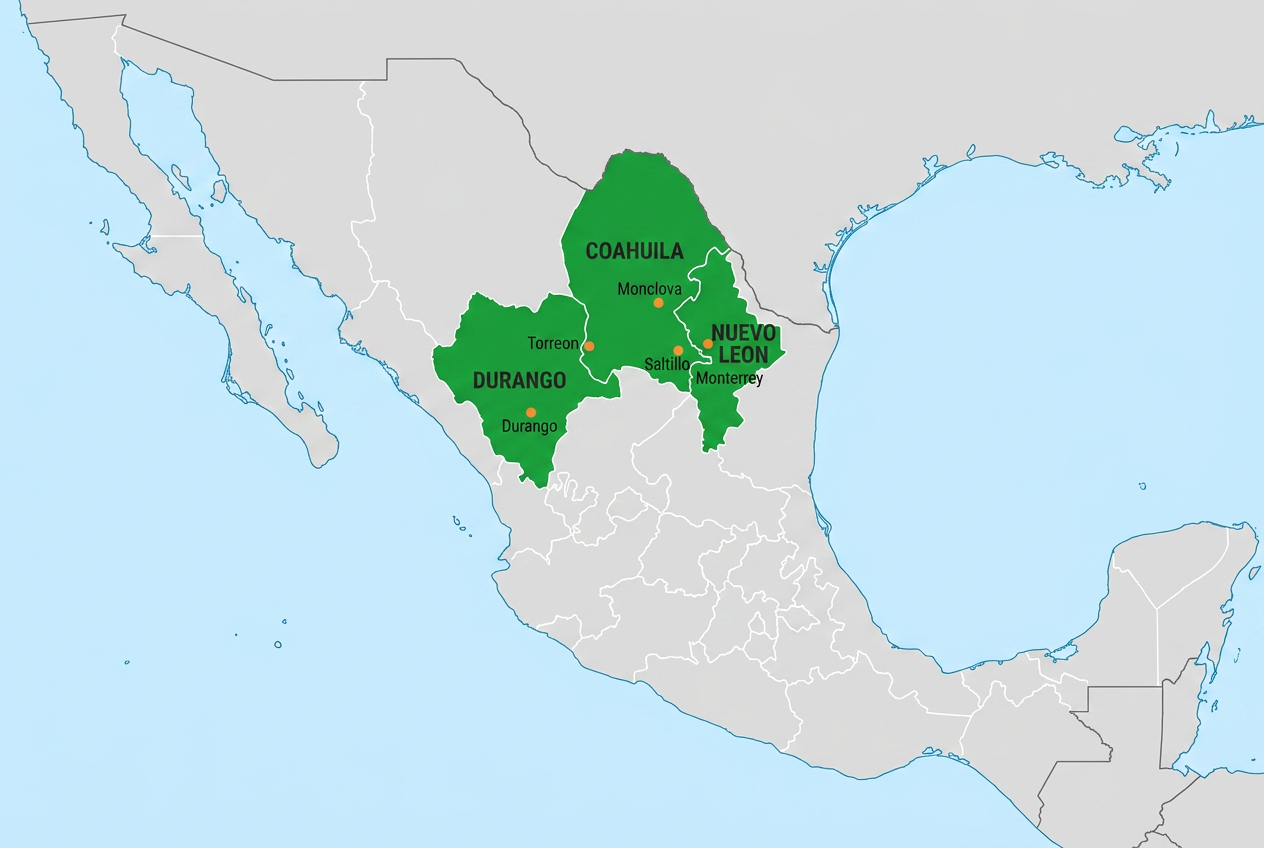 Mapa de cobertura Free Energy: Torreón, Monclova, Saltillo, Monterrey y Durango en el norte de México
