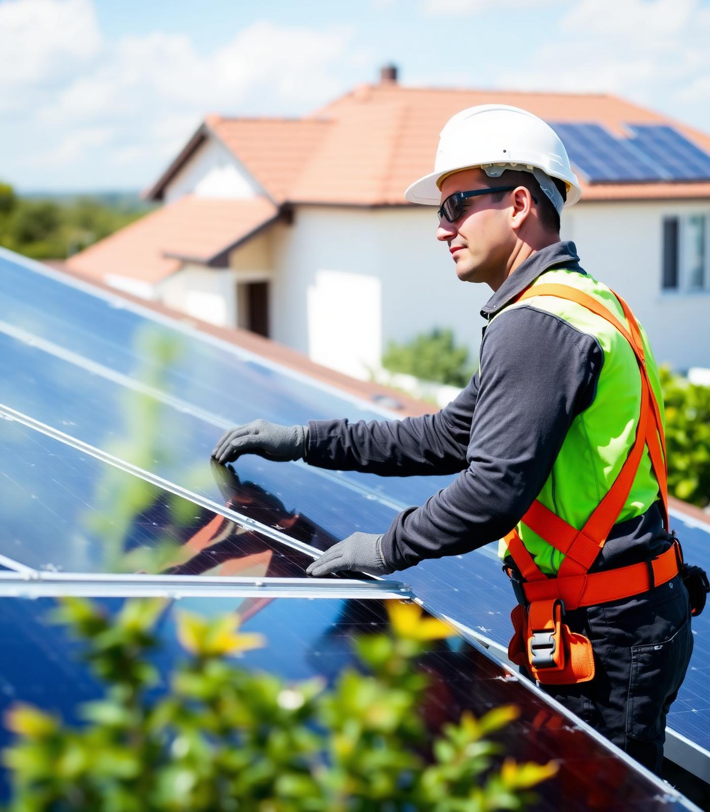 Técnico inspeccionando paneles solares